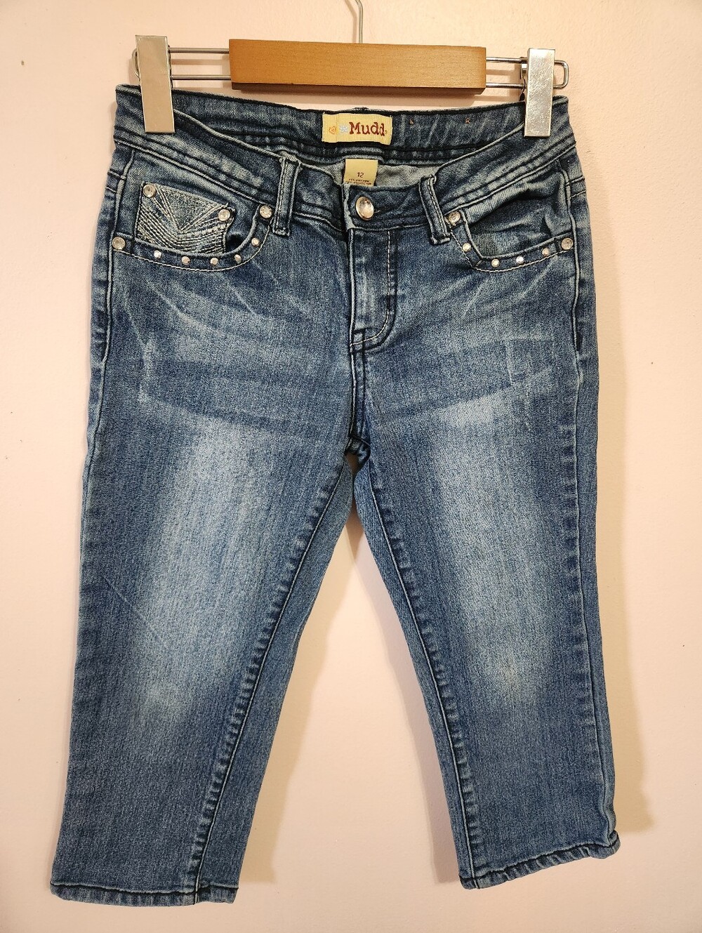 Vintage Y2K Mudd Bling Rhinestone Flap Pocket Denim Capri Crop Jeans Size 12